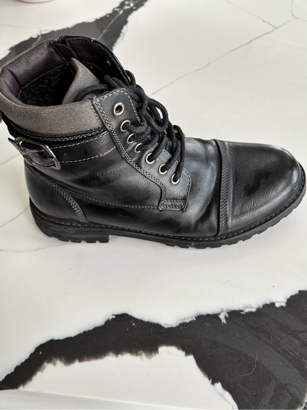 Men's Black Faux Leather Lace-Up Cap-Toe Boots